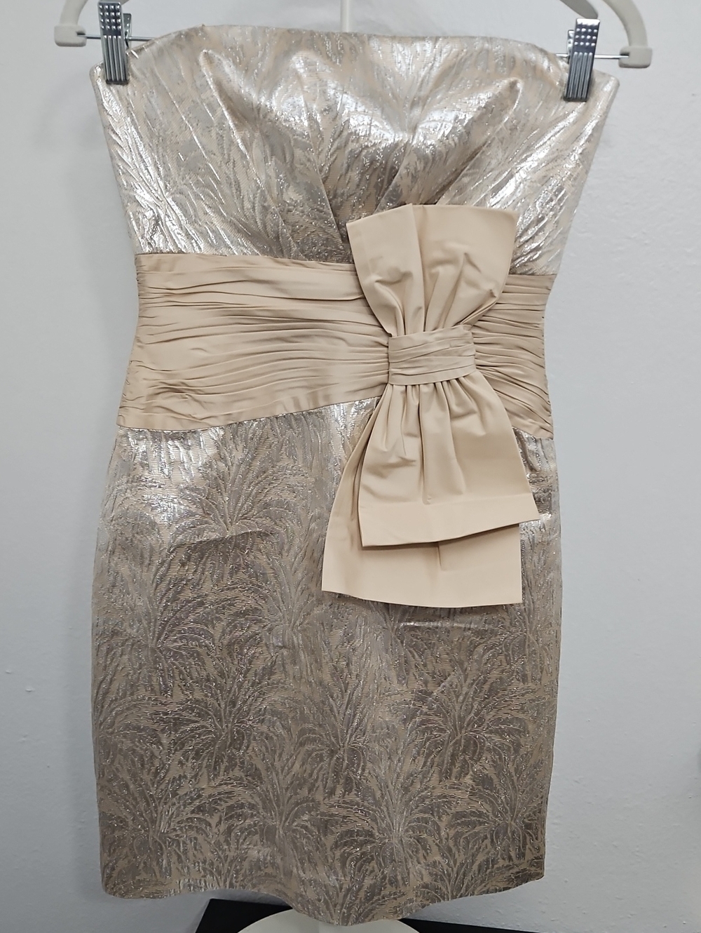 BCBGMaxAzria Metallic Beige Strapless Cocktail Dress with Bow
